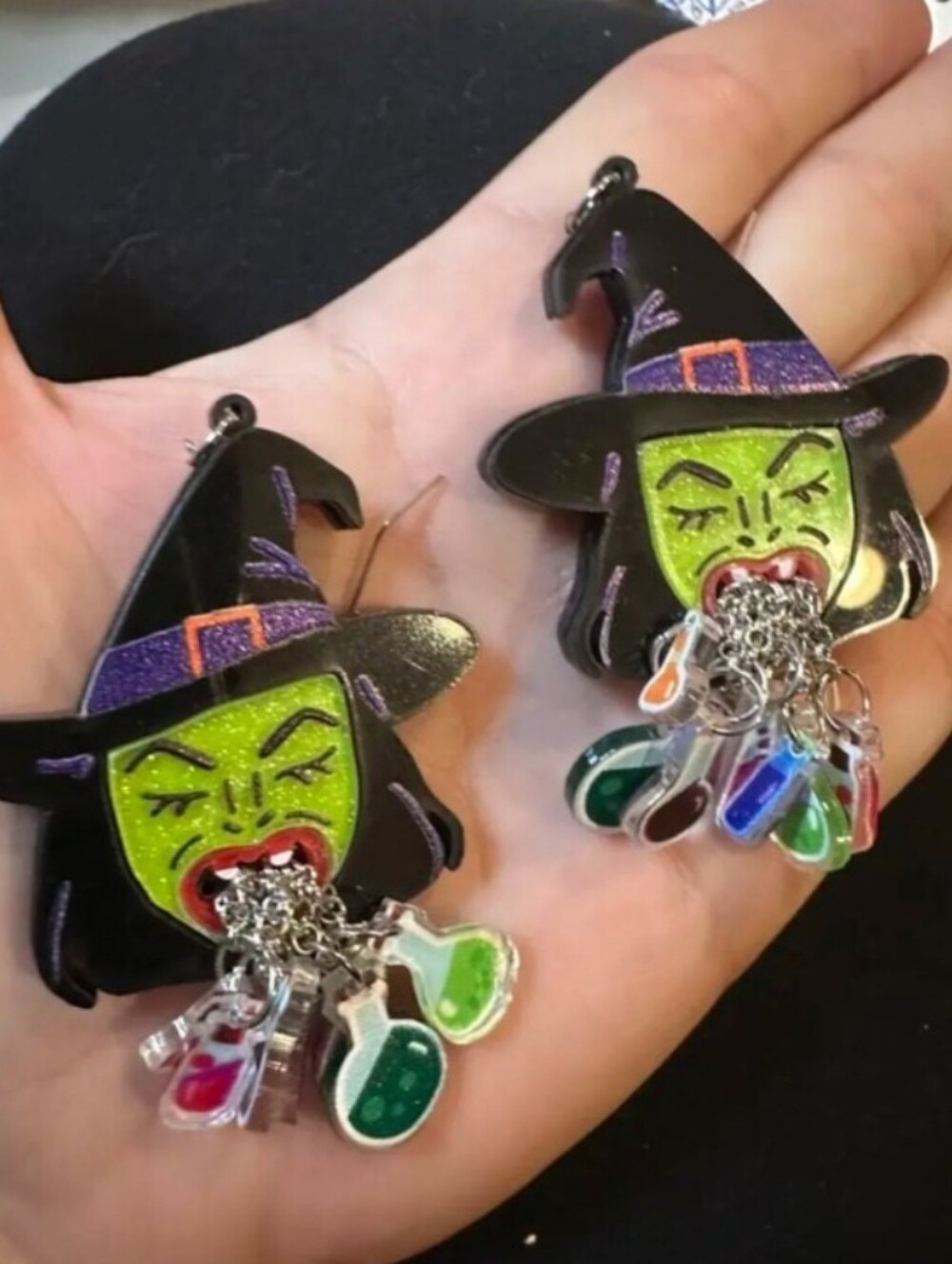 Witch Face Dangle Earrings — Green & Black Glitter
